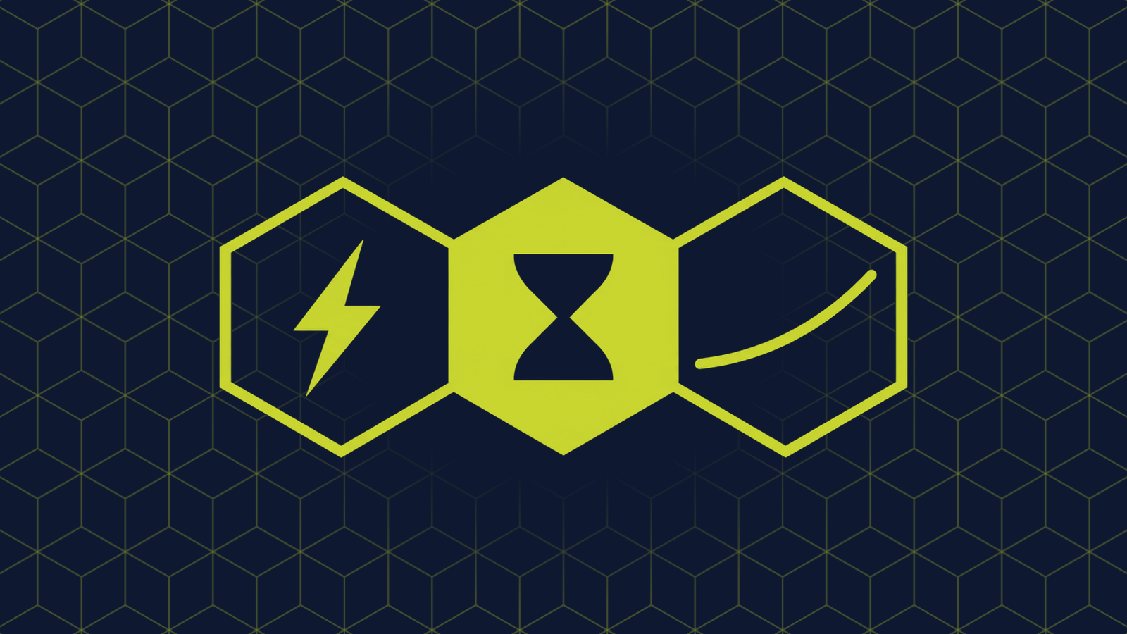 Three honeycomb cells in a row: a filled centre cell holding an hourglass, with a lightning bolt and a long gentle upward curve in the cells either side.
