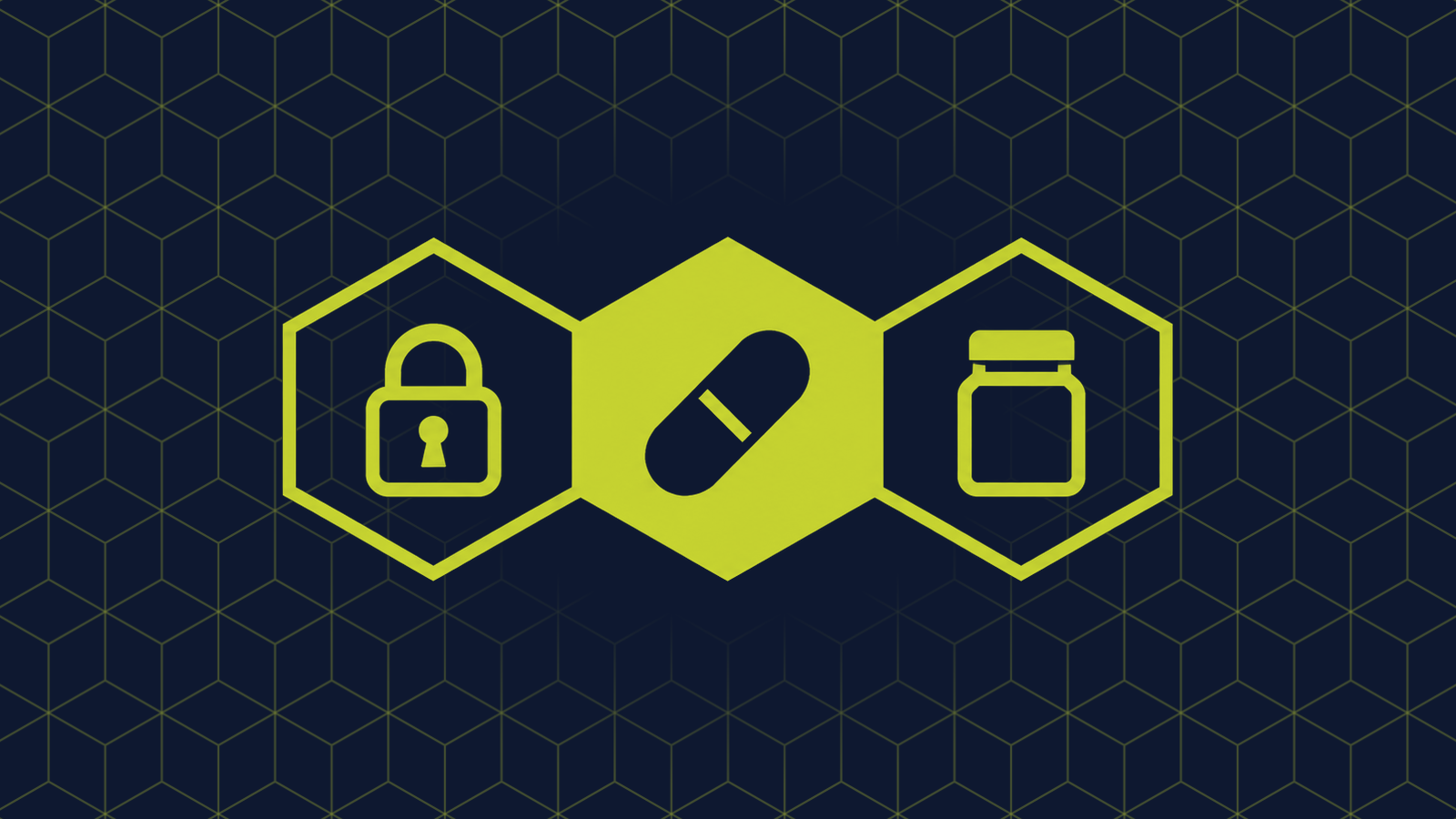 Three honeycomb cells in a row: a filled centre cell holding a medicine capsule, with a closed padlock and a jar with a sealed lid in the cells either side.
