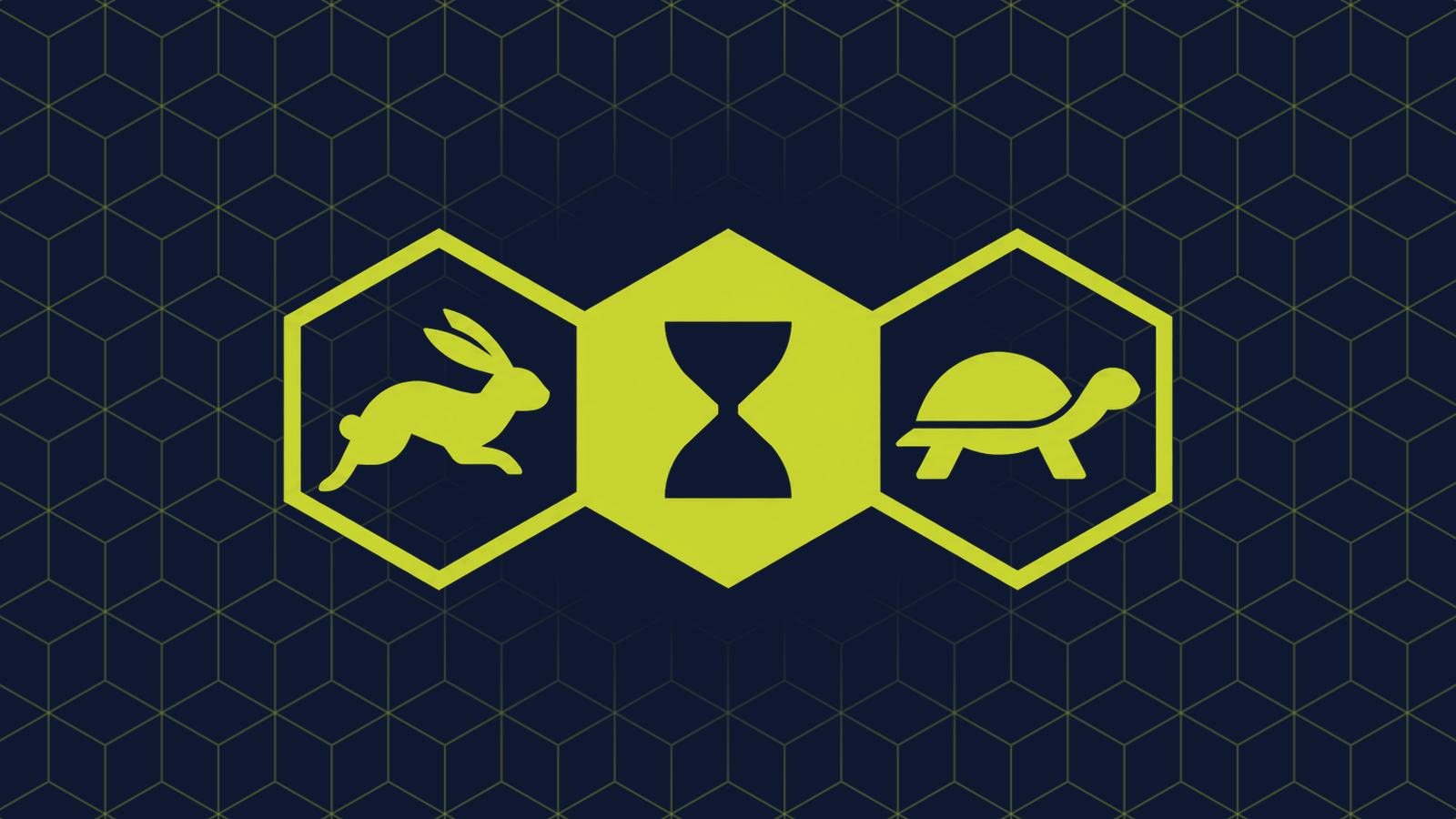 Three honeycomb cells in a row: a filled centre cell holding an hourglass, with a hare in side profile and a tortoise in side profile in the cells either side.