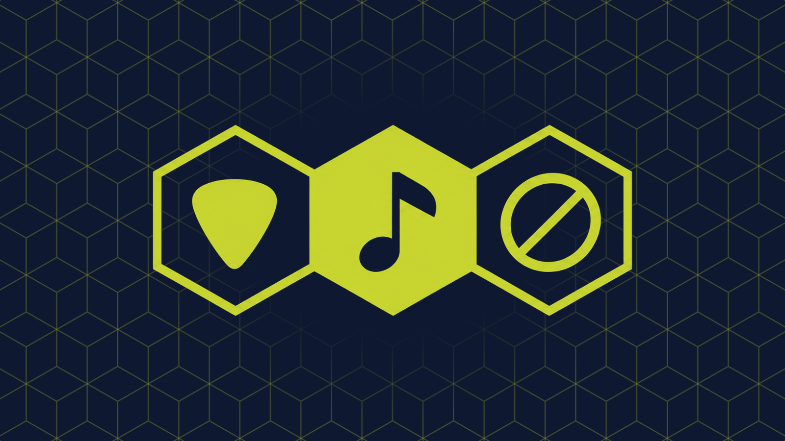 Three honeycomb cells in a row: a filled centre cell holding a single musical note, with a guitar pick and a round coin with a diagonal line through it in the cells either side.