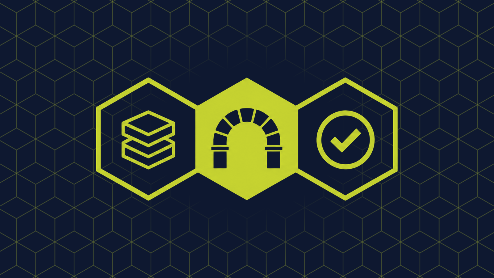 Three honeycomb cells in a row: a filled centre cell holding a semicircular stone arch built from wedge-shaped blocks, standing on two short pillars, with a stack of three rectangular blocks and a round seal with a checkmark in the cells either side.