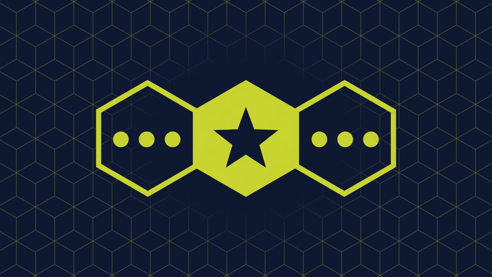 Three honeycomb cells in a row: a filled centre cell holding a single five-pointed star, with three small identical circles in a row in each cell either side.