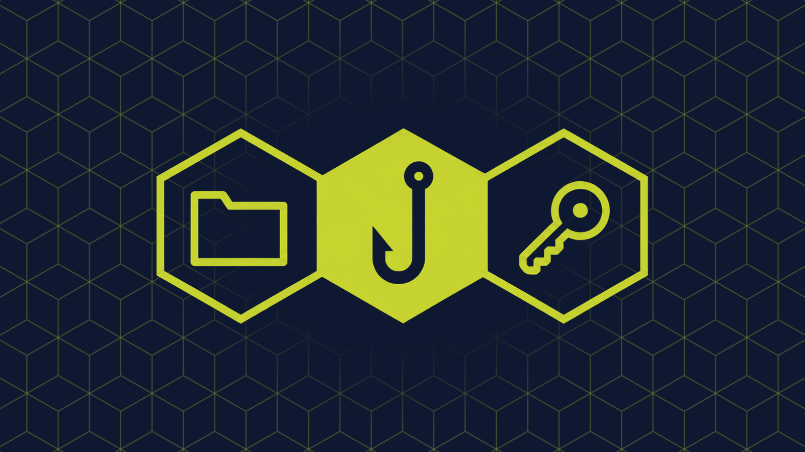 Three honeycomb cells in a row: a filled centre cell holding a fishing hook, with a file folder and a simple key in the cells either side.