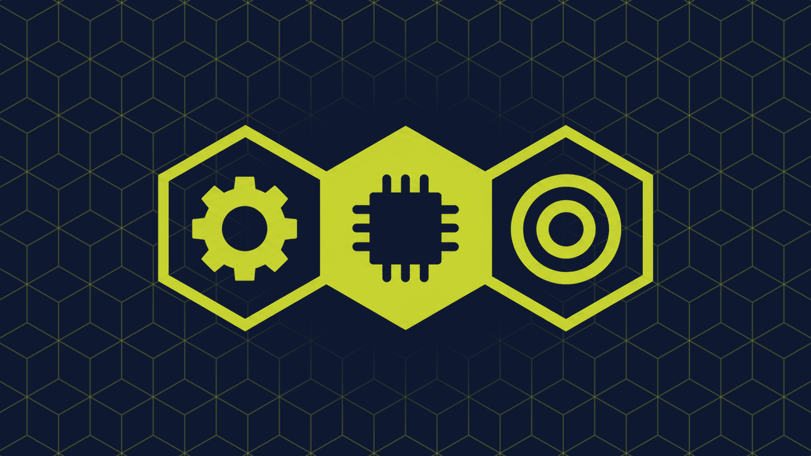 Three honeycomb cells in a row: a filled centre cell holding a microchip: a square with short pins on all four sides, with a gear and a target of concentric circles in the cells either side.