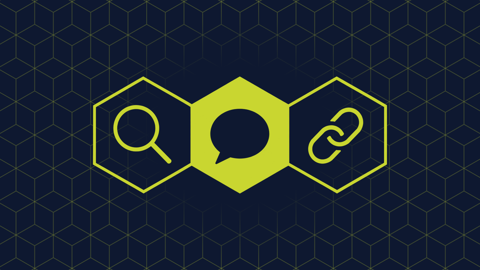 Three honeycomb cells in a row: a filled centre cell holding a speech bubble, with a magnifying glass and two linked chain links in the cells either side.