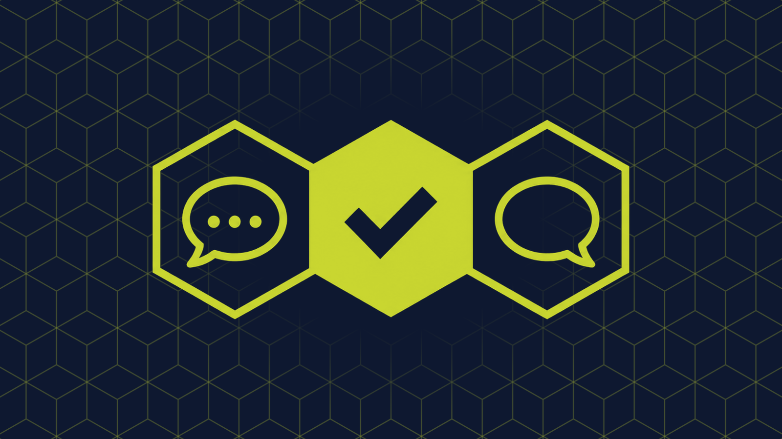 Three honeycomb cells in a row: a filled centre cell holding a checkmark, with a speech bubble with three dots inside and a speech bubble in the cells either side.