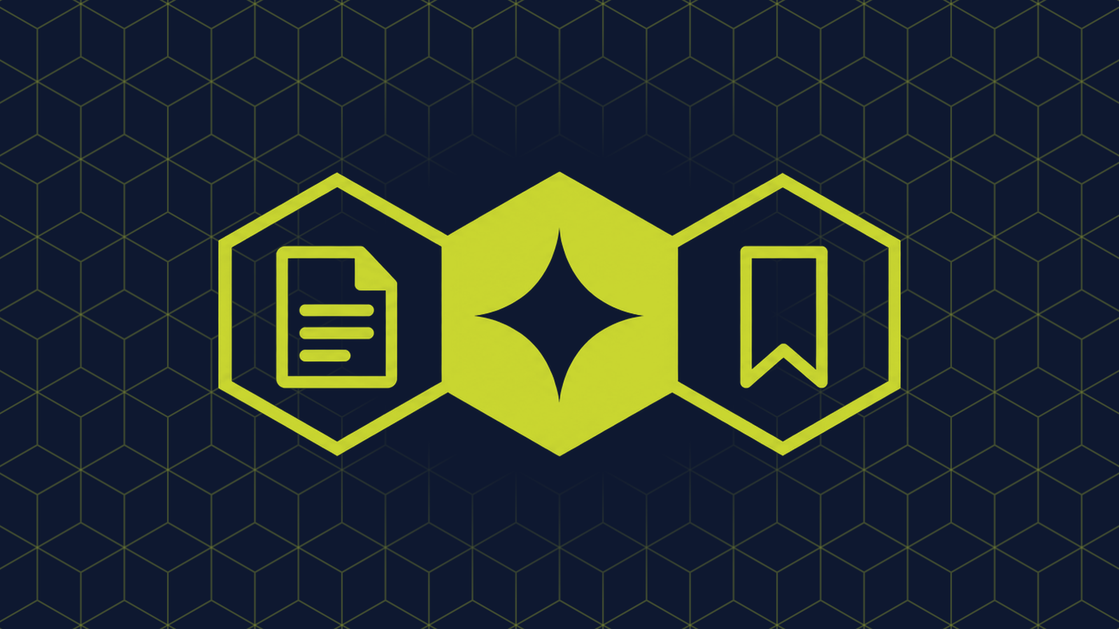Three honeycomb cells in a row: a filled centre cell holding a four-pointed star, with a document page with horizontal lines and a folded corner and a bookmark ribbon in the cells either side.
