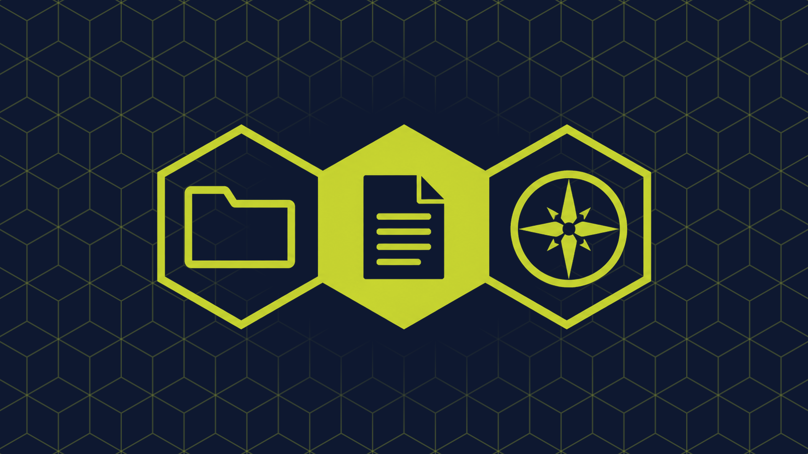 Three honeycomb cells in a row: a filled centre cell holding a document page with horizontal lines and a folded corner, with a file folder and a compass rose in the cells either side.